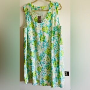 J Jill Linen Dress 2x Plus Watery Floral Sea Turtle Print